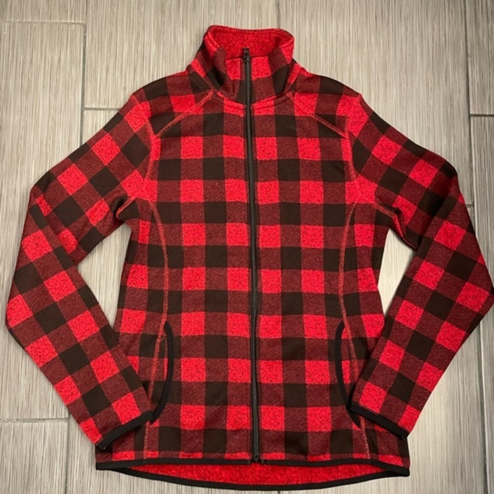 Eddie Bauer Womens Red Buffalo Plaid Zip Front Sweater Size small